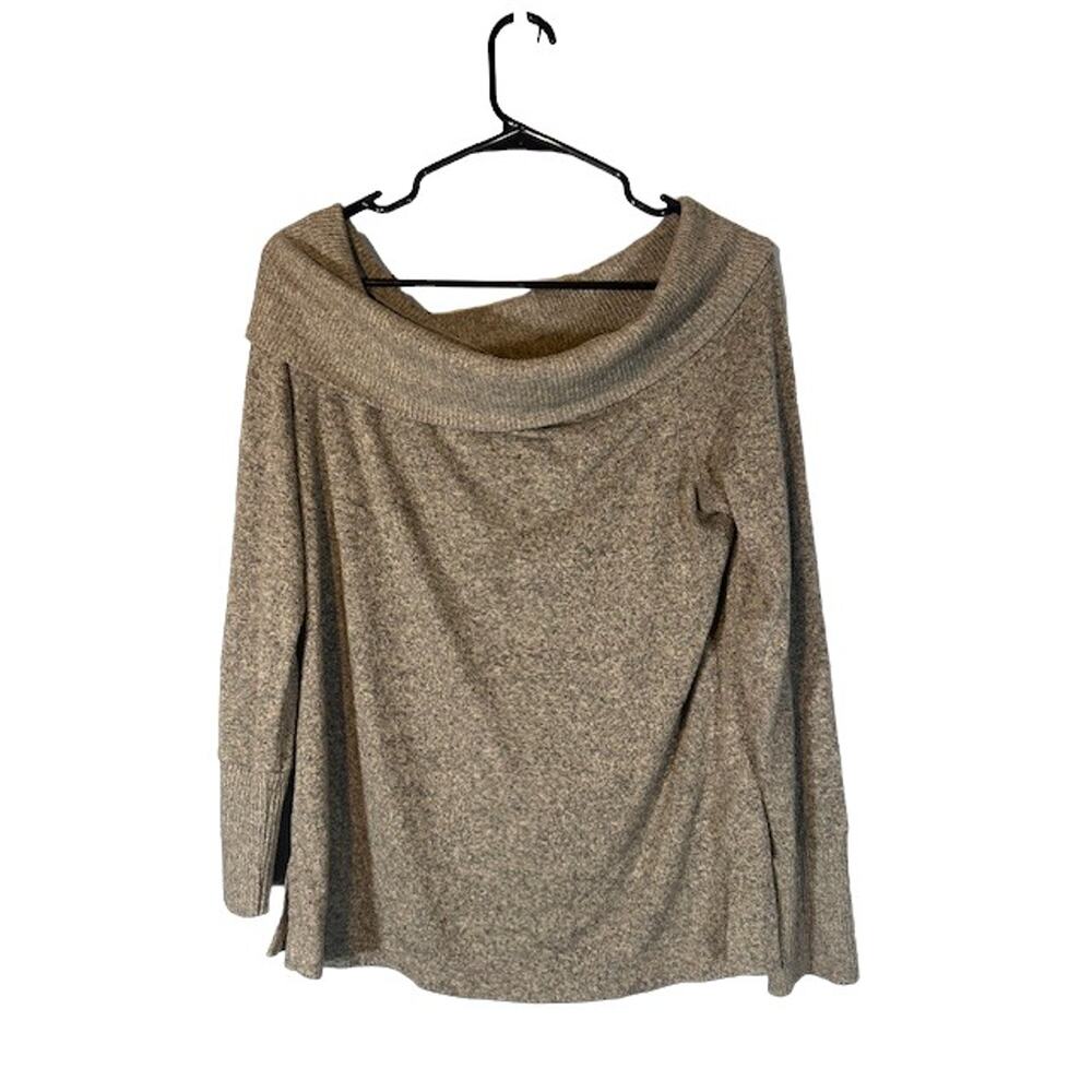 Sinuous Beige Cowl Wide Neck Long Sleeve Split Sides Knit Sweater Women Sz S